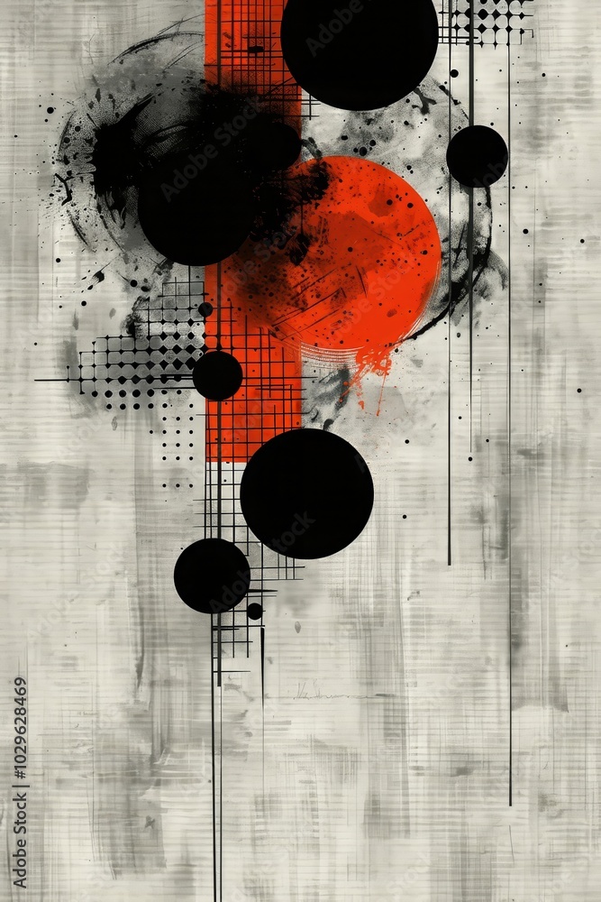 Poster this striking abstract artwork combines large black circles and a vibrant red element against a text