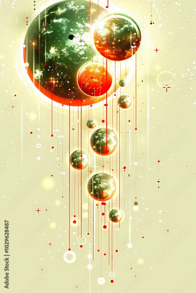 Aufkleber a visually striking arrangement of planets in various sizes and colors cascading down against a soft