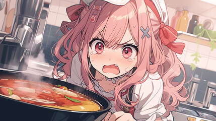 anime cute girl angry cooking uniform