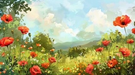 Fototapeta premium A Field of Red Poppies Under a Blue Sky with Mountains in the Distance