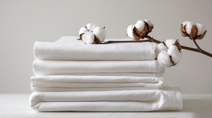 A stack of white sheets with a cotton flower on top. The sheets are piled on top of each other, creating a sense of order and cleanliness. The cotton flower adds a touch of natural beauty