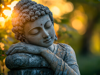 Statue of Lord Budhha resting on rock in sunlight