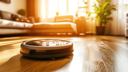 Obraz premium A Robot Vacuum Cleaner on a Wooden Floor in a Sunlit Room