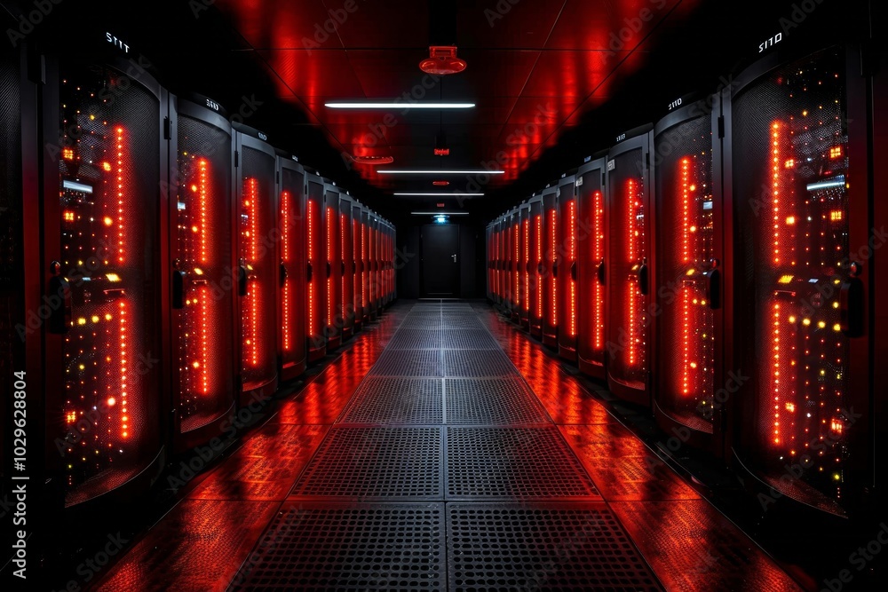 Poster rows of servers lined up in a dark corridor emit bright red lights, creating a dramatic atmosphere i
