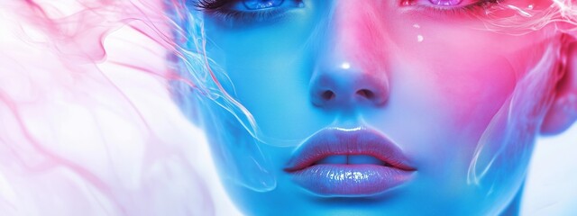 Fototapeta premium A stunning close-up of a person with vibrant blue and pink makeup, showcasing artistic beauty and creativity against a light background