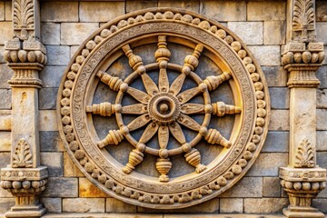 Obraz premium A detailed carving of an eight-spoked Dharma wheel on a stone temple wall.