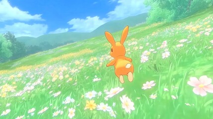 Fototapeta premium A Cartoon Bunny Hopping Through a Field of Flowers