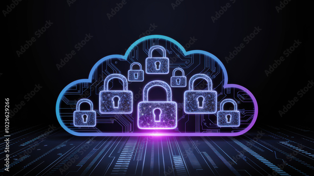 Poster cloud computing with digital locks symbolizing data security on a dark background.