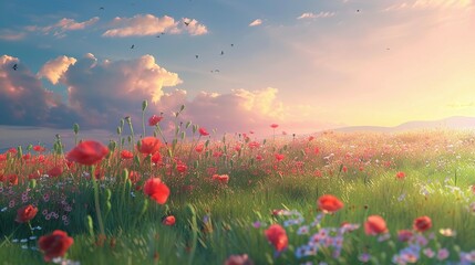 Fototapeta premium A Field of Red Poppies Under a Sunset Sky