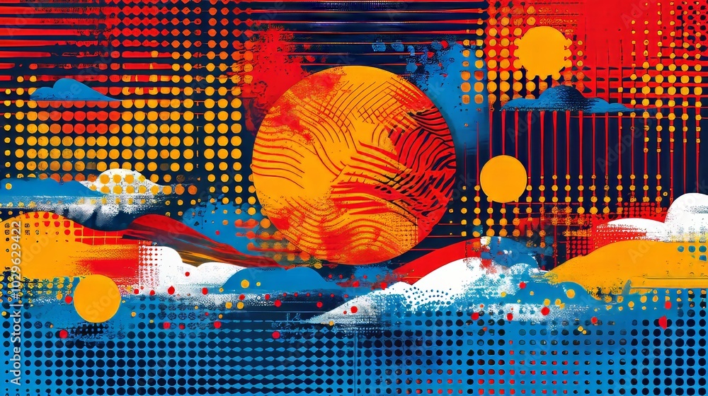 Poster the artwork features a large, orange sun surrounded by a dynamic blend of colors and shapes. various