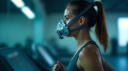 Athlete running with an oxygen mask for performance training soft blurred background sport health concept