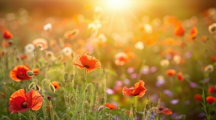 Red Poppy in a Field of Wildflowers with Sunlit Background