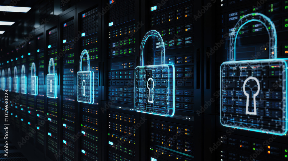 Poster data center with digital locks symbolizing cybersecurity and data protection.