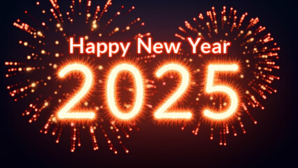 Happy New Year 2025 with Sparkling Fireworks and Glowing Text, Festive Night Celebration in Red and Gold Theme with Vibrant Lights