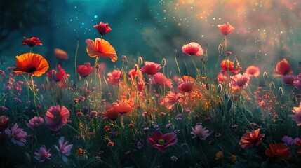 Obraz premium Vibrant Poppies and Delicate Flowers in a Sunlit Meadow