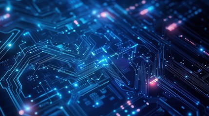 Abstract representation of a circuit board with glowing connections and digital elements.
