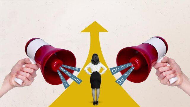 Motion collage video of anonym businesswoman stand back hand hold megaphone isolated on painted background