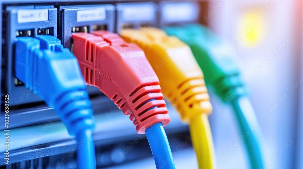 Aufkleber Close-up of Colorful Ethernet Cables Plugged into a Network Switch