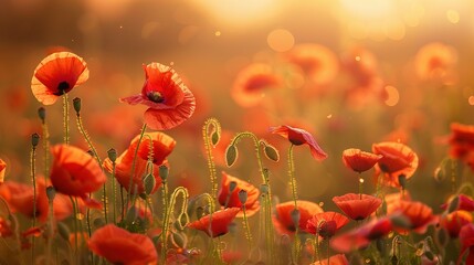Obraz premium Red Poppy Flowers in a Field at Sunset