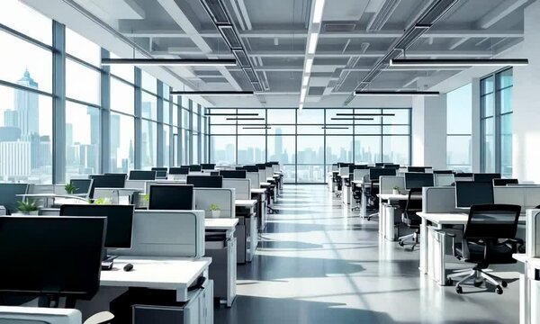 Modern Open Office with Large Windows and City View