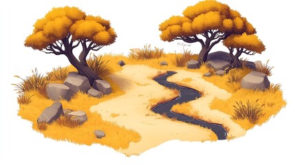 Path through yellow savanna illustration	