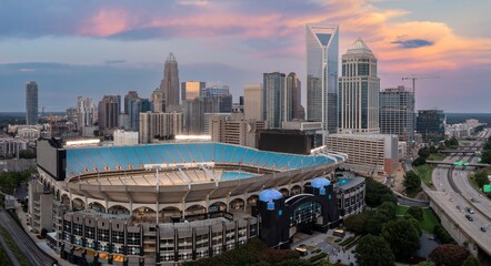 Bank of America Stadium and downtown city skyline of skyscrapers, Charlotte, North Carolina, United...