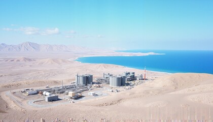 Fototapeta premium Coastal industrial facility with storage tanks against desert and sea landscape. Desalination plant