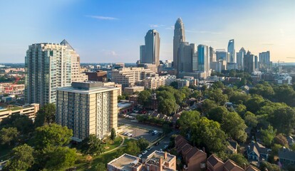 View of the downtown city skyline and apartments from the Fourth Ward, Charlotte, North Carolina,...