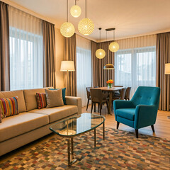 A modern living room with a spacious sofa, dining table, and large windows featuring sheer curtains