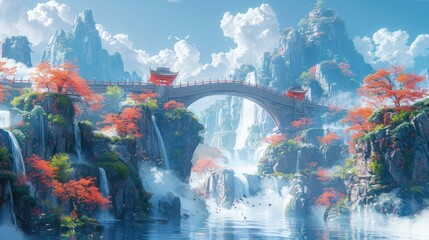 Tranquil Waterfall Landscape with Bridge