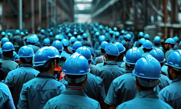 Large Group of Workers in Blue Helmets at Industrial Facility