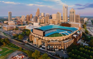 Bank of America Stadium and downtown city skyline of skyscrapers, Charlotte, North Carolina, United...