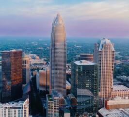 The Bank of America Corporate Center and downtown city skyline at sunrise, Charlotte, North...