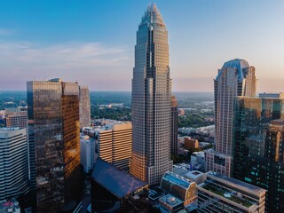 The Bank of America Corporate Center and downtown city skyline at sunrise, Charlotte, North Carolina, United States.