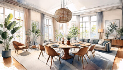 Obraz premium Warm-toned sketch of a cozy dining area with natural light