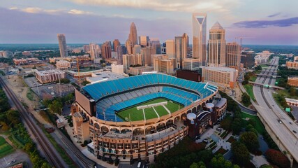 Bank of America Stadium and downtown city skyline of skyscrapers, Charlotte, North Carolina, United States.