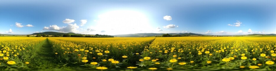 Obraz premium 360 degree Countryside Field with Wildflowers, 360 degree photo. HDRI spherical panorama.