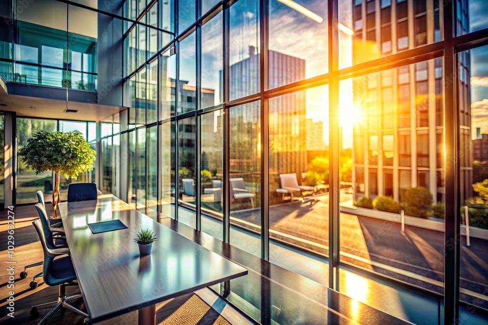 Poster an abstract vision of a modern office window, creating a blurred effect that sparks inspiration and 