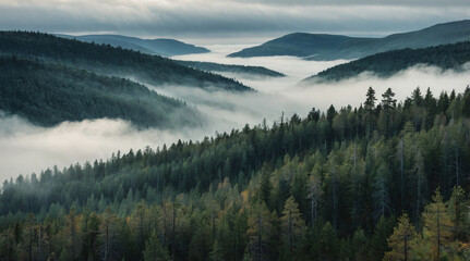 a pine trees in a forests in a day with fog in the mountain