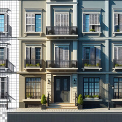 A classic European-style building facade with blue stucco, arched windows, and shutters, adorned with potted plants and a balcony