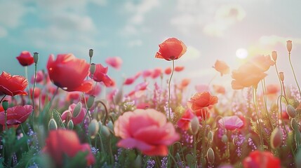 Obraz premium A Field of Poppies Bathed in Warm Sunlight