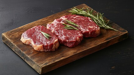 Fototapeta premium Fresh cuts of meat displayed on a wooden board with rosemary for culinary use.
