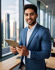 Fototapeta premium Smiling busy young latin business man manager using tablet computer, happy hispanic businessman executive looking at camera holding tab working standing in office. Portrai