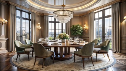 Obraz premium An opulent round dinner table in an elegant room, featuring a high ceiling and open window, offers stunning interior design inspiration for sophisticated living.
