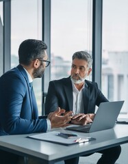 Two busy professional business people working in office with laptop computer. Mid aged mature Latin female executive manager talking to male colleague having conversation sitting at workplace