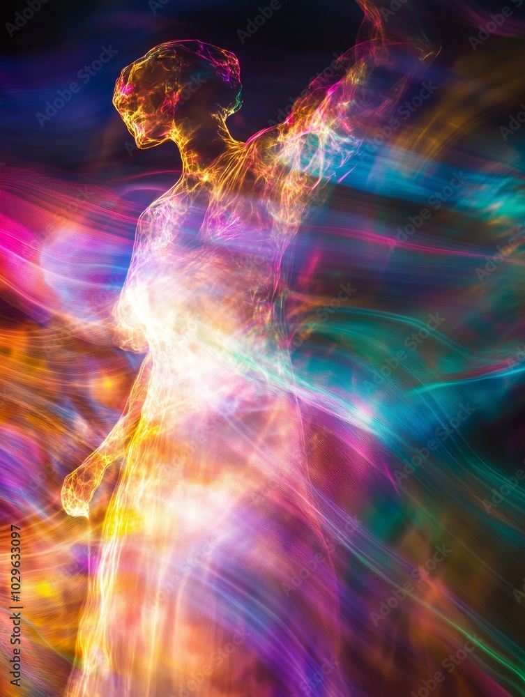Aufkleber colorful abstract representation of a figure illuminated by vivid lights in a surreal setting at nig