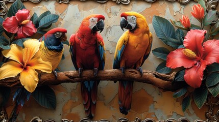 Three Parrots in a Tropical Setting