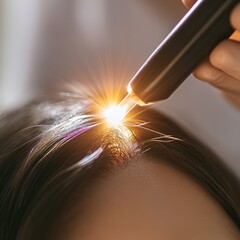Fototapeta premium Close-up of a laser hair treatment being performed on a person’s scalp 
