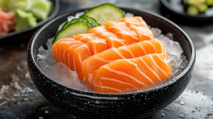 Fresh salmon sashimi served on ice with cucumber slices, garnished with wasabi.