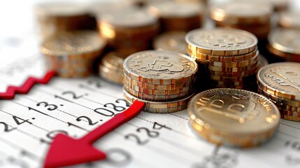 Image depicts coins stacked alongside a downward trend arrow on a financial chart.